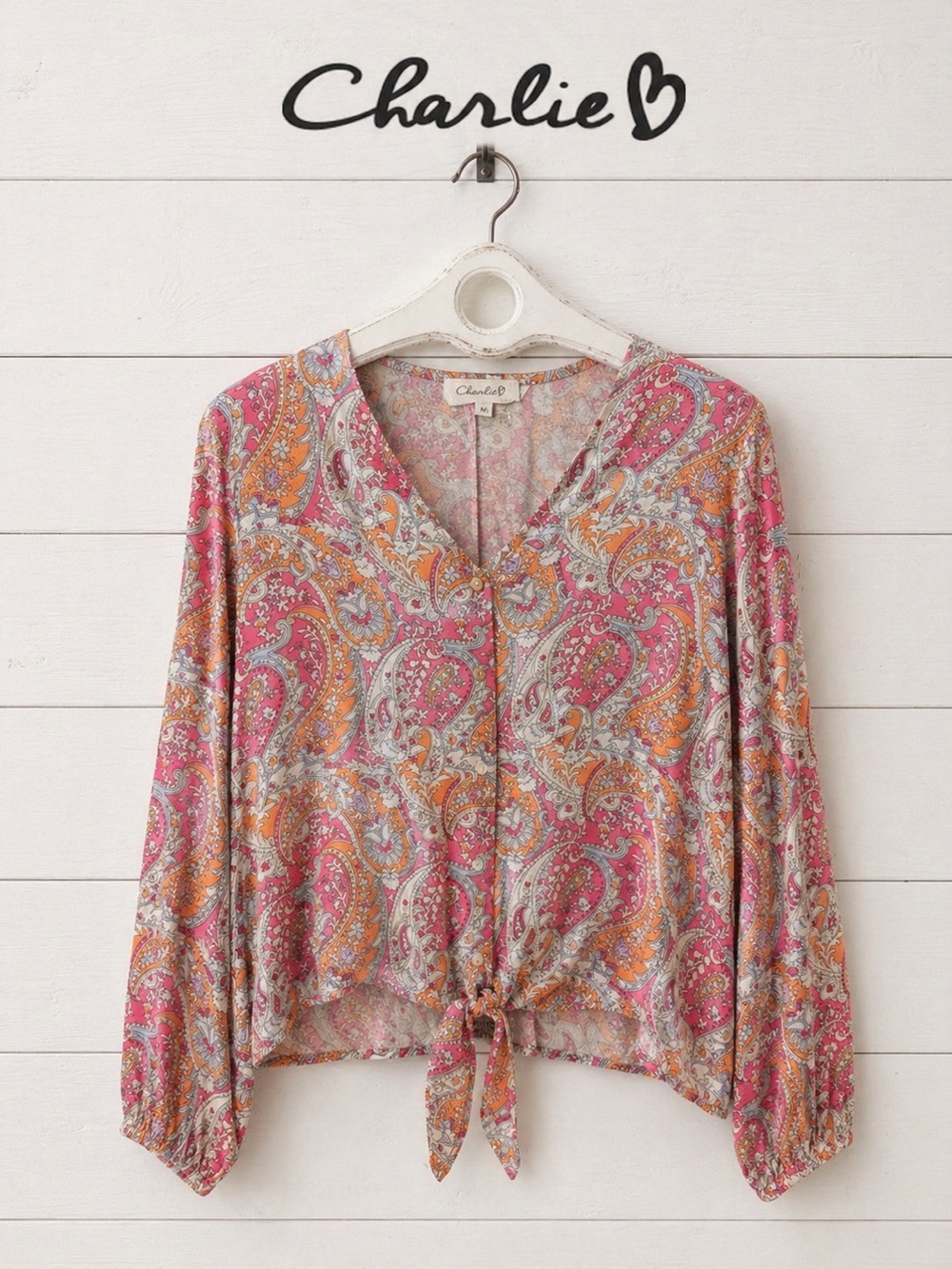 CHARLIE B Paisley Pink Orange Tie Front Blouse M
